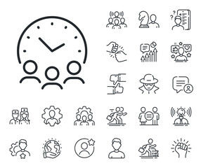 Business teamwork sign. Specialist, doctor and job competition outline icons. Meeting time line icon. Working hours symbol. Meeting time line sign. Avatar placeholder, spy headshot icon. Vector