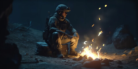 Obraz na płótnie Canvas Soldier sitting near campfire, AI generative