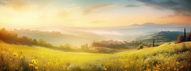 Foto op Plexiglas Beautiful panoramic landscape of a green hills with spring flowers - AI Generated © mbruxelle
