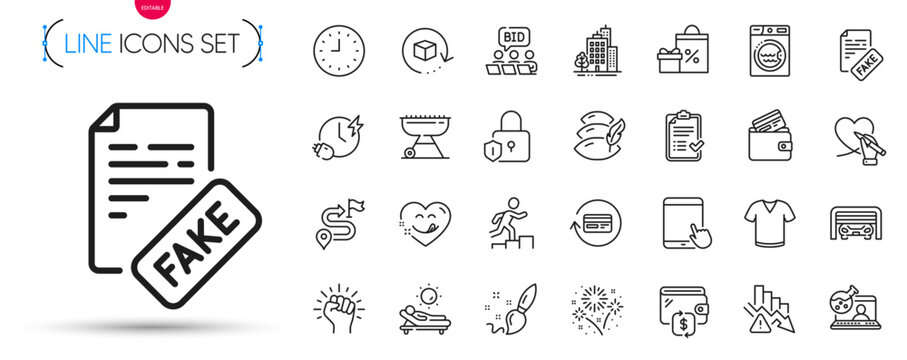 Pack of Fireworks, Journey and Laundry line icons. Include Parking garage, Fake news, Clock pictogram icons. Social care, Wallet, Grill signs. Charging time, Shopping, Deflation. Vector