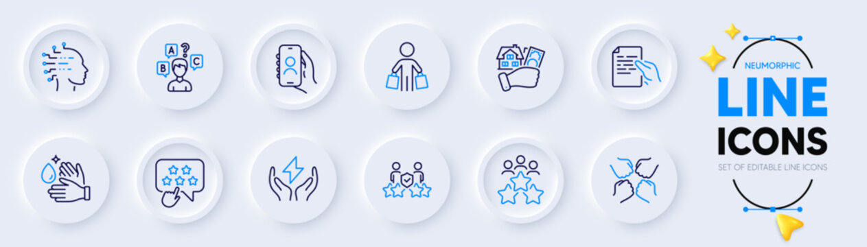 Ranking star, User call and Safe energy line icons for web app. Pack of Business meeting, Wash hands, Hold document pictogram icons. Quiz test, Artificial intelligence, Security agency signs. Vector
