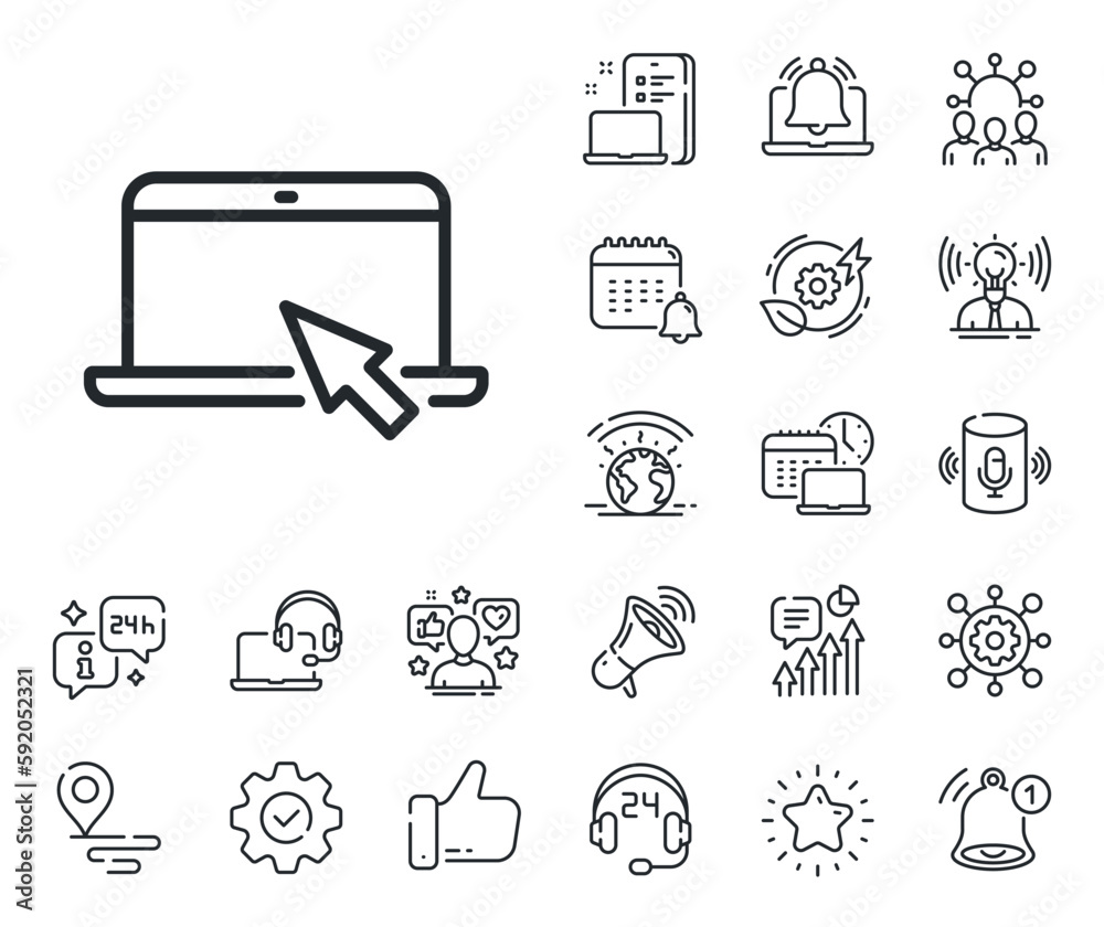 Poster notebook with mouse cursor sign. place location, technology and smart speaker outline icons. laptop 