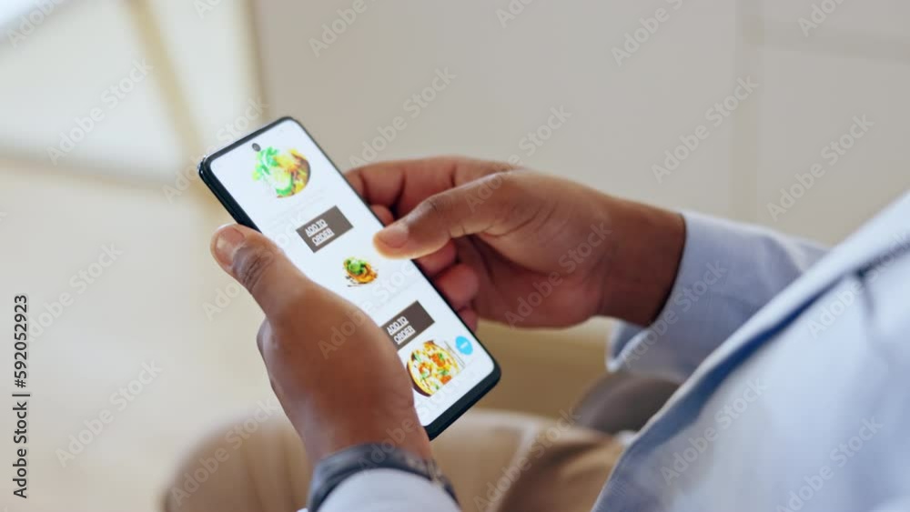Poster hands, phone screen and online shopping for food in office, ordering or web browsing for choice. int