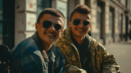 Fototapeta premium A pair of friends wearing glasses, smiling, on the street, friendship, Generative AI