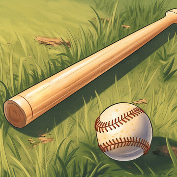 Baseball with baseball bat laying in grass. 