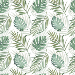 Naklejka na ściany i meble Watercolor seamless pattern with palm and monstera leaves, isolated without background. Tropical hand drawn clipart. Watercolor illustration for printing on postcards, covers, fabrics, packaging.