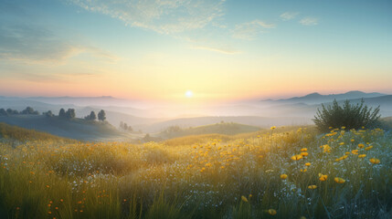 Naklejka na ściany i meble Beautiful panoramic landscape of a green hills with spring flowers - AI Generated