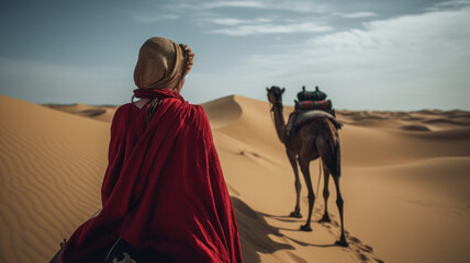 Woman riding camel, deserts, arabia, red dress, Generative ai