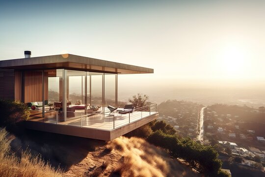 Villa eines Million&auml;res in den H&uuml;geln von Los Angeles mit Plick auf die Stadt / Pazifik, generative AI