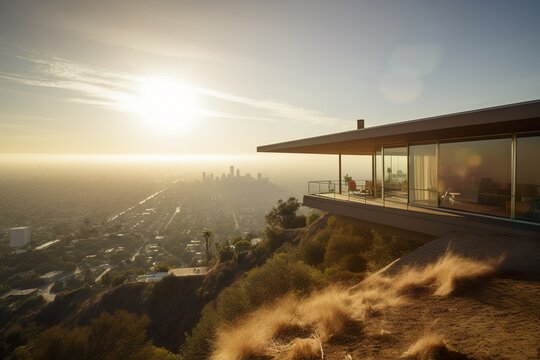 Villa eines Million&auml;res in den H&uuml;geln von Los Angeles mit Plick auf die Stadt / Pazifik, generative AI