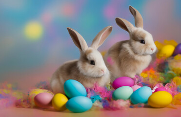 easter bunny with easter eggs with sunglasses on colorful background. Generative AI