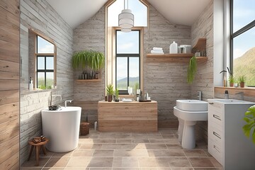 Naklejka na ściany i meble Photo of a modern bathroom with double sinks, a freestanding bathtub, and a toilet