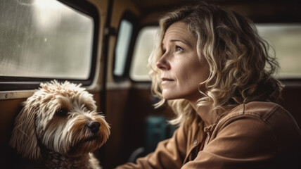 woman with dog, trip in car, Generative AI