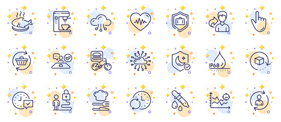 Outline set of Share, Refresh cart and Fish dish line icons for web app. Include Select alarm, Lock, Food pictogram icons. Food delivery, Cloud computing, Job interview signs. Vector