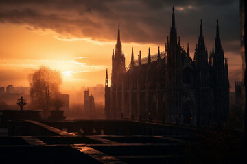 Naklejka premium duomo di milano sunset Generative AI