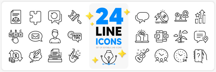 Icons set of 24 hours, Guitar and Jazz line icons pack for app with Copyright chat, Smartphone sms, Video conference thin outline icon. Puzzle, Paint roller, Empower pictogram. Vector