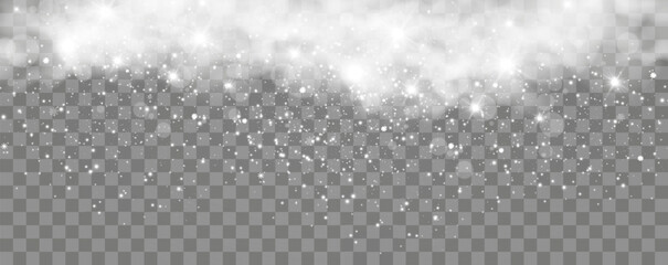 Vector illustration of flying snow on a transparent background.Natural phenomenon of snowfall or blizzard.