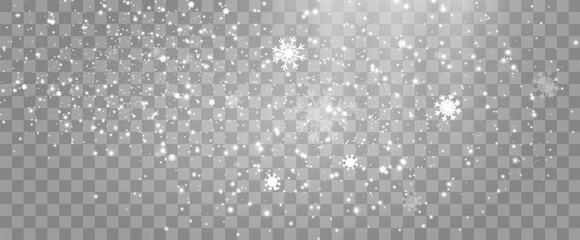 Vector illustration of flying snow on a transparent background.Natural phenomenon of snowfall or blizzard.