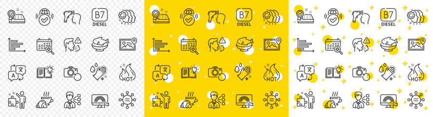 Outline Product knowledge, Mattress guarantee and Medical calendar line icons pack for web with Strategy, Cough, Photo location line icon. Electronic thermometer, Translate. Vector