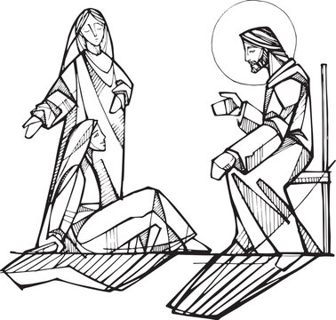 Hand drawn illustration of Martha and Mary.