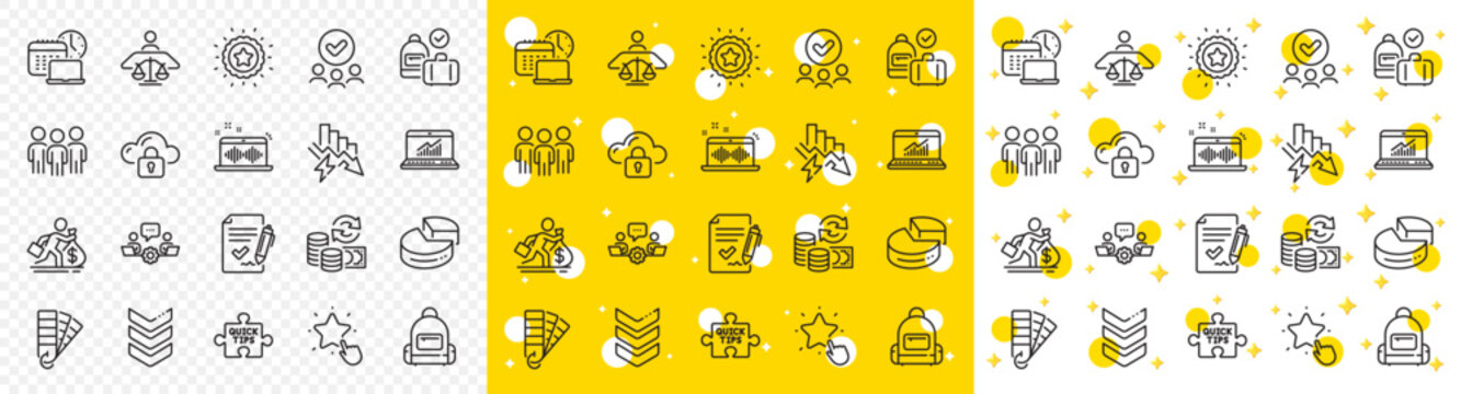 Outline Saving Electricity, Quick Tips And Carry-on Baggage Line Icons Pack For Web With Palette, Approved Group, Approved Agreement Line Icon. Music Making, Work Time, Group Pictogram Icon. Vector