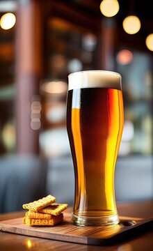 A glass of fresh beer on a wooden table