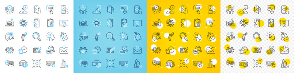 Vector icons set of Bid offer, Buy car and Safe time line icons pack for web with Bitcoin think, Monitor repair, User call outline icon. Star rating, Fake news, Minimize pictogram. Vector