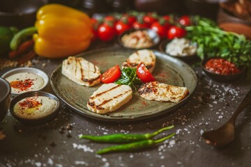 Sizzling grilled halloumi, surrounded by assorted peppers and spices, colorful, flavorful Mediterranean dish