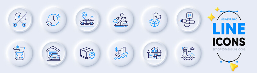 Car rental, Charging time and Car place line icons for web app. Pack of Delivery location, Home moving, Metro pictogram icons. Charging parking, Garage, Baby carriage signs. Rise price. Vector