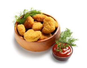 Bowl of tasty nuggets with ketchup on white background