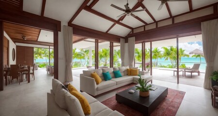 Fototapeta na wymiar Inside an Exotic Estate Living Room in the Maldives generative ai