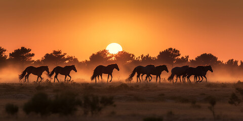 Fototapeta na wymiar Herd of horses running in a dusty field at sunset, golden hour western- Generative AI
