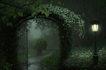 serene garden scene on a rainy night illuminated by a lamp post. Generative AI