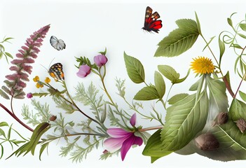 seamless rim. Border with Herbs and wild flowers, leaves. Botanical Illustration Colorful illustration on white background. Spring composition with butterfly. Generative AI