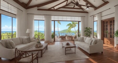 Fototapeta na wymiar The Majestic Living Room of a Costa Rican Coastal Mansion generative ai