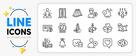 Yoga, Business way and Heart line icons set for app include Donation, Person idea, Money exchange outline thin icon. Deflation, Bell, Help pictogram icon. Information bell, Online access, Door. Vector
