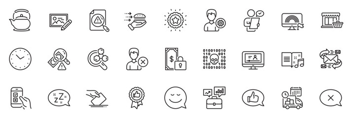 Fototapeta na wymiar Icons pack as Support, Teapot and Marketplace line icons for app include Fraud, Photo edit, Food delivery outline thin icon web set. Positive feedback, Reject, Winner star pictogram. Vector