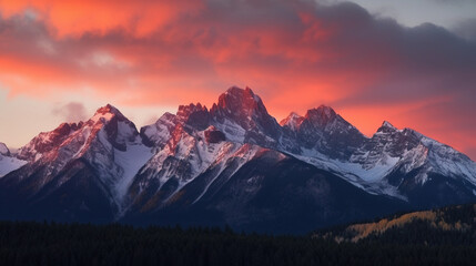 Obraz na płótnie Canvas Burning sunset over snowy mountain peaks - Generative AI