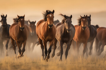 Fototapeta na wymiar Horses running in a dusty field on a sunny day, looking majestic - Generative AI
