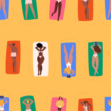 Seamless pattern with people sunbathing at beach. Diverse men and women in bikini lying on colorful towels, relax. Summer vacation at seashore. Top view. Vector illustration