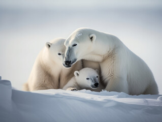 Obraz na płótnie Canvas Polar bear family, polar bear mother cuddling with her cubs - Generative AI