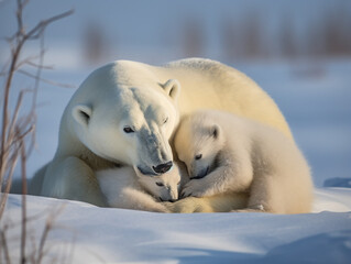 Obraz na płótnie Canvas Polar bear family, polar bear mother cuddling with her cubs - Generative AI