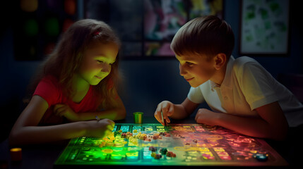 Two smiling cute kids playing board game at home and laughing looking at each other friendship communication concept having a good weekend Generative AI