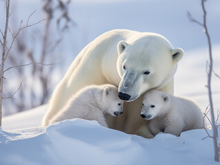 Fototapeta na wymiar Polar bear family, polar bear mother cuddling with her cubs - Generative AI