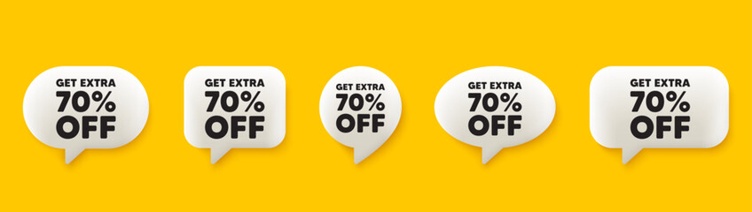 Get Extra 70 percent off Sale. 3d chat speech bubbles set. Discount offer price sign. Special offer symbol. Save 70 percentages. Extra discount talk speech message. Talk box infographics. Vector