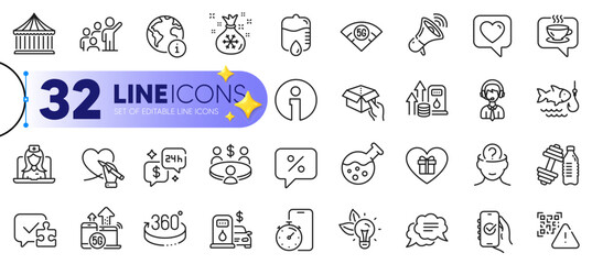 Outline set of Carousels, Drop counter and Heart line icons for web with Approved app, Psychology, Fishing thin icon. Telemedicine, Internet, Text message pictogram icon. Qr code. Vector