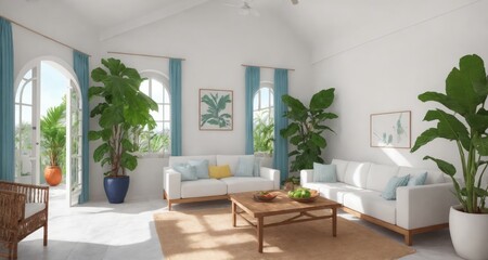 Tropical Luxury: A Look Inside an Estate Living Room in Santorini, Greece generative ai - 592059548