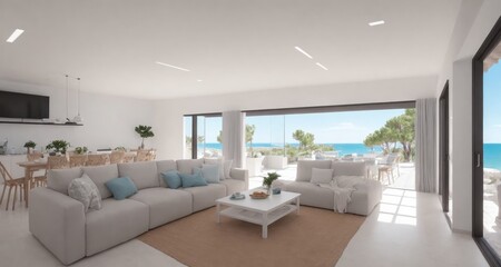 A Relaxing Evening in a Luxurious Ibiza Spain Coastal Villa Living Room generative ai - 592059588