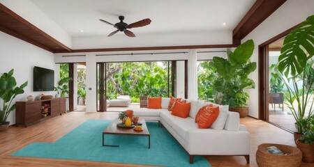 Cozy Luxury in the Heart of Maui: A Tropical Mansion Living Room generative ai - 592059589