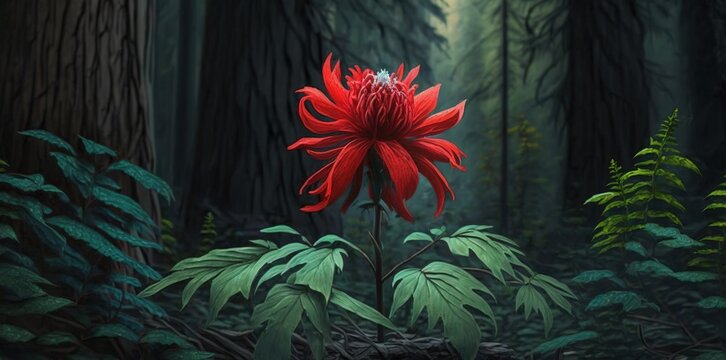 The woodland provides shade for a single scarlet bloom. Generative AI